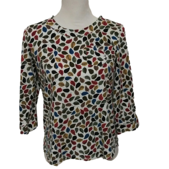 Talbots Petite Multicolor Leaf Pattern Scoop Neck Elbow Sleeve Pullover Fall Top - Picture 1 of 7